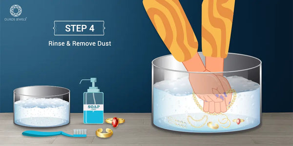 [Step 4: Rinse and Remove Dust - Illustration of a person rinsing jewelry in a container of water to clean off soap and dust]-[ouros jewels]