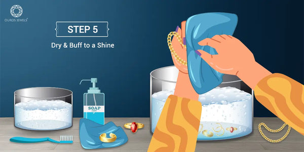 [Step 5: Dry and Buff to a Shine - Illustration of a person drying and polishing jewelry with a cloth to make it shine, with cleaning tools]-[ouros jewels]