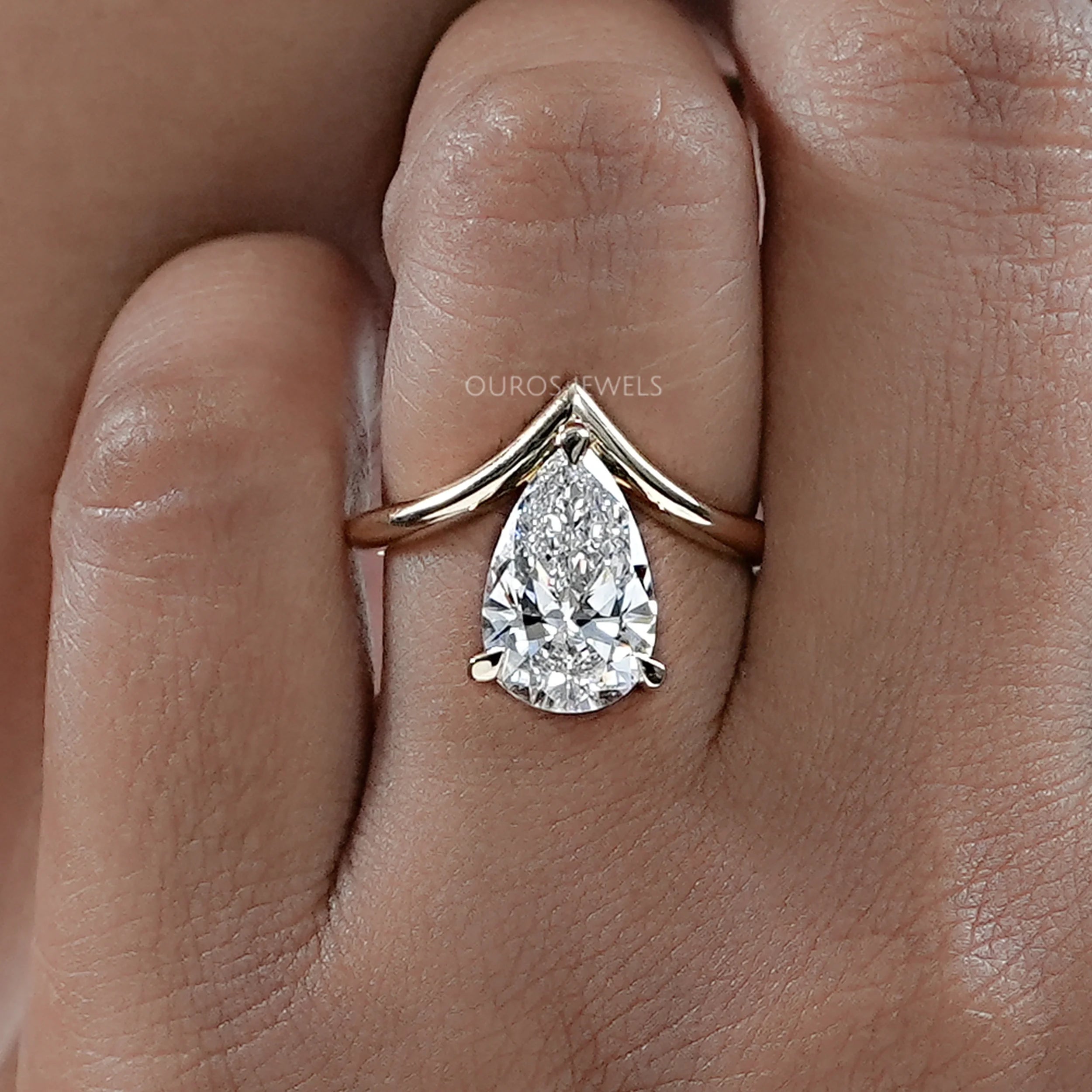 V  Shape Pear Cut Lab Diamond Solitaire Engagement Ring