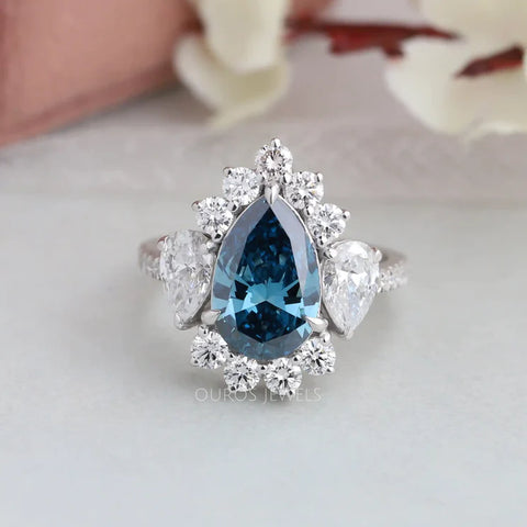 [2.38 carat weights pear shaped lab-grown diamond ring with VS1 clarity and greenish blue color in 925 silver metal]-[ouros jewels]