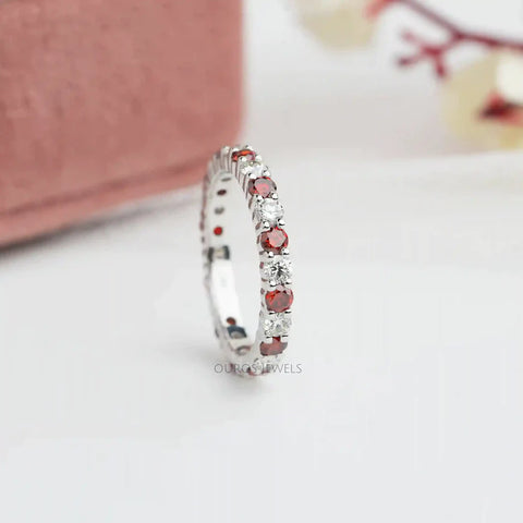 1.55 carat red and colorless round diamond wedding eternity band in 14KT white gold.