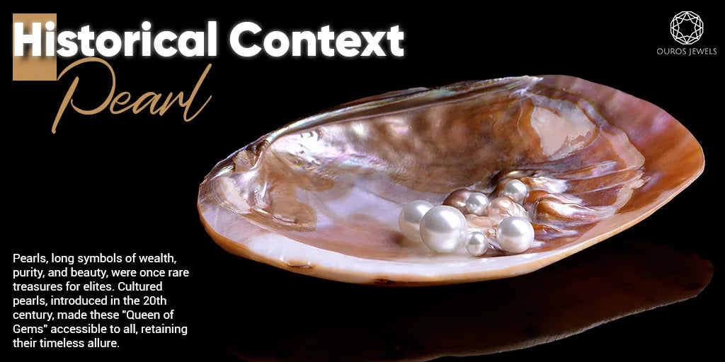 [Text]- Historical Context Of Pearl, Few sentences about the history of pearl, [Style]- Minimalistic infographics with black background, [Elements]- Pearl and Mollusk