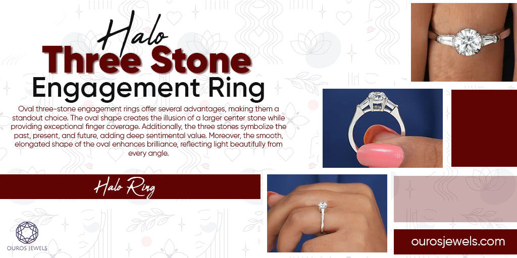 [Text]- Halo Engagement Ring, [Style]-Minimalistic Collage, [Elements]-Halo Three Stone Rings
