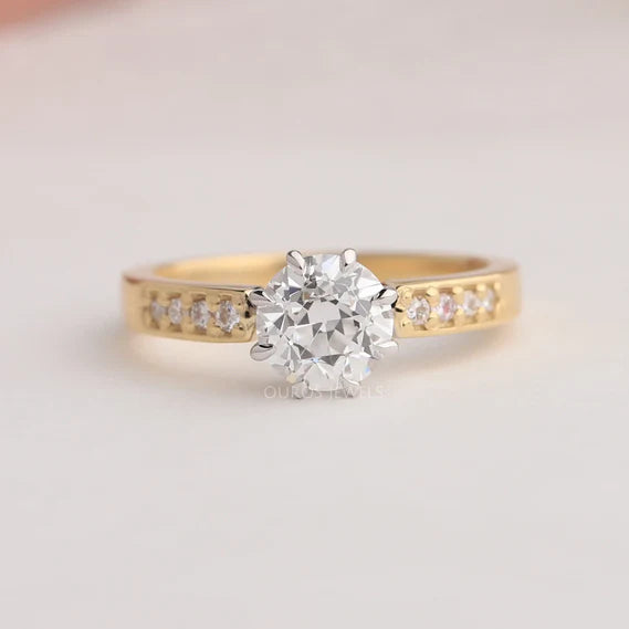 [This Old European cut diamond engagement ring is set in a vintage-inspired accent setting with round stones in 14k white & yellow gold, get this in VVS clarity]-[ouros jewels]