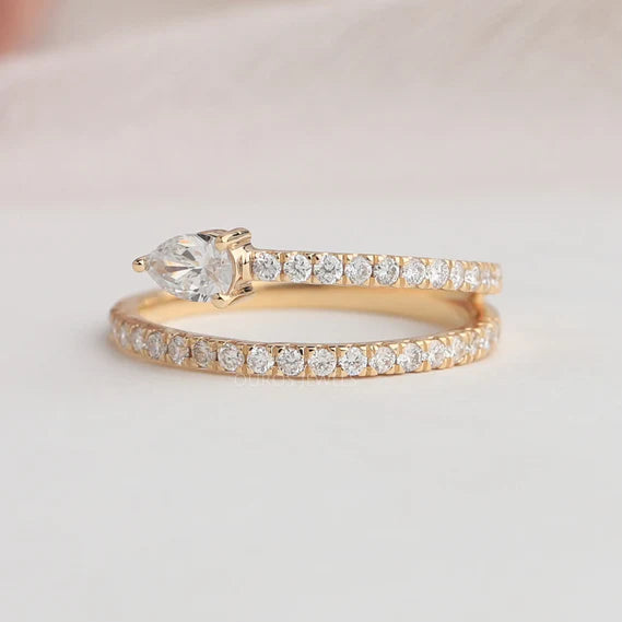 [This double-row diamond promise ring made with Pear and round-cut lab-grown diamonds in 14k yellow gold at Ouros Jewels. View more diamond engagement rings]-[ouros jewels]