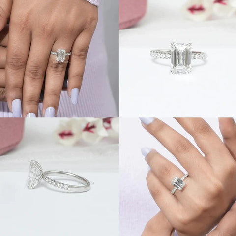 Various angles of a 3.5 carat diamond ring on a finger."