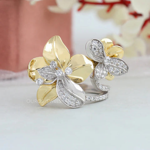 [Vintage Floral Style Two Tone Round Diamond Engagement-Wedding Ring]-[ouros jewels]