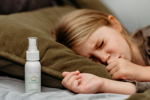 Kids Manuka Soother Cough Syrup "Upgrade your family cough care with this natural, drug-free soothing liquid powered by Manuka Honey UMF10+, Australian River Mint, Thyme, Kakadu Plum & other superfruits*.  Soothe kids' (ages 2+) occasional coughs associated with hoarseness, dry throat or irritants while supporting their immune system with this natural, drug-free solution*.  Essential for when kids need extra care.  " "Every Mom wants to care for their child's health in times of need.  I am your essential drug-free Cough Syrup when your kid's throat needs rapid soothing care*."
