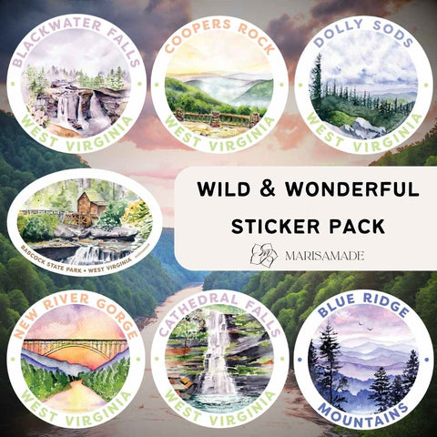 Wild & Wonderful WV Sticker pack from MarisaMade includes 7 stickers of WV parks and places