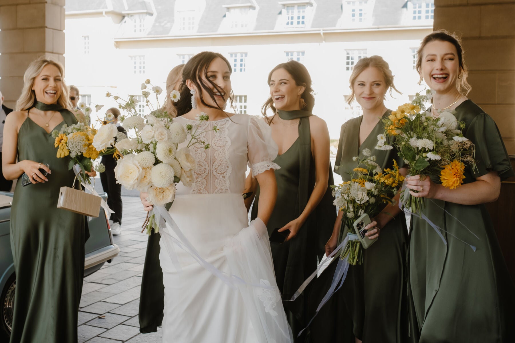 Olive green satin bridesmaids dresses