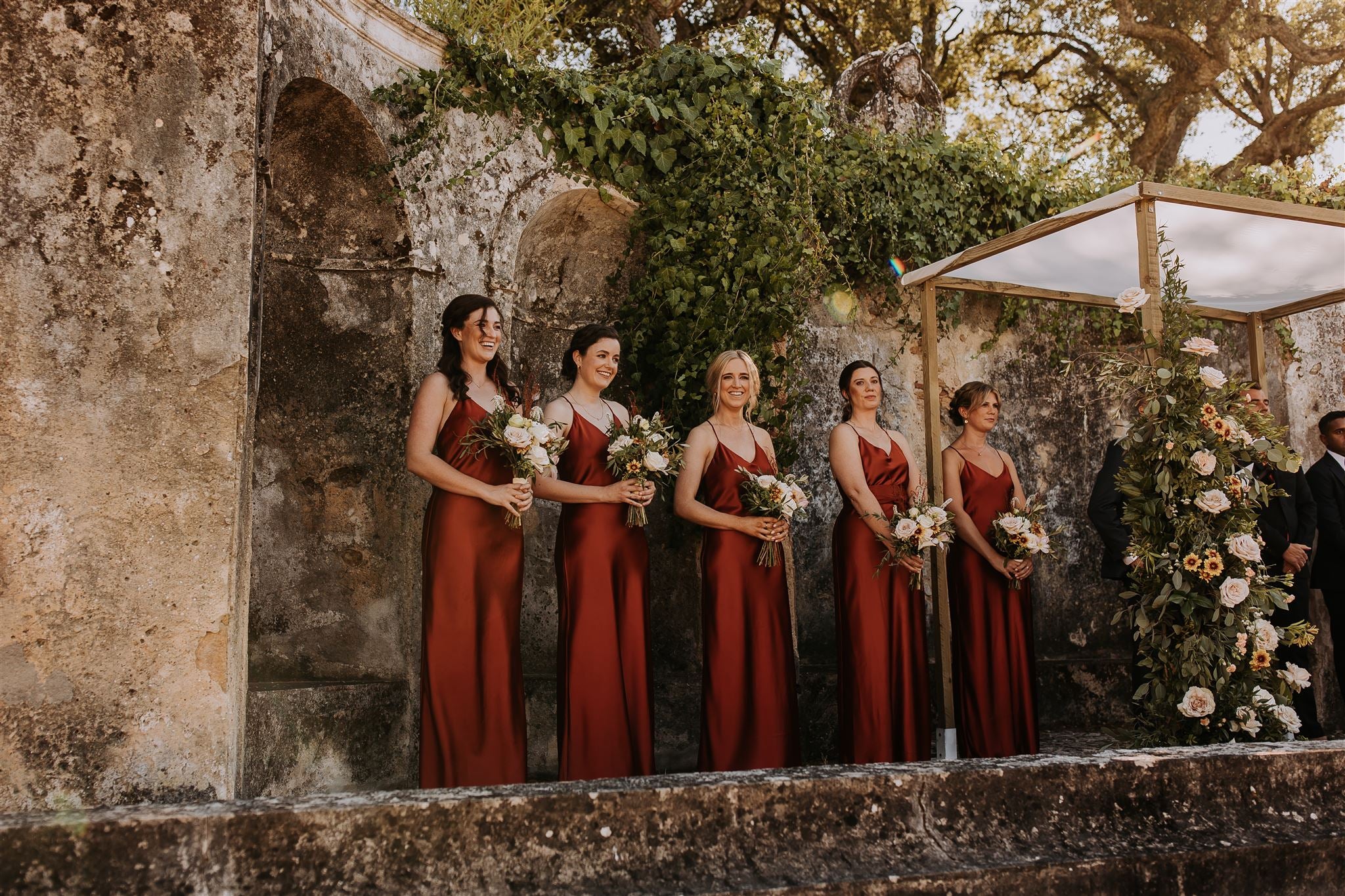 Burnt Orange rust slip strappy satin bridesmaids dresses