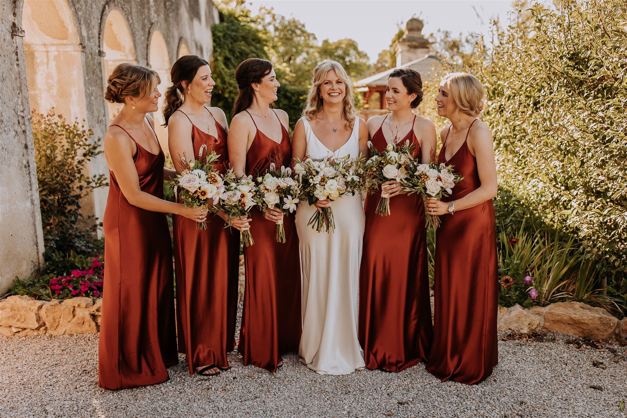 Burnt orange rust satin slip strappy floor length bridesmaids dresses