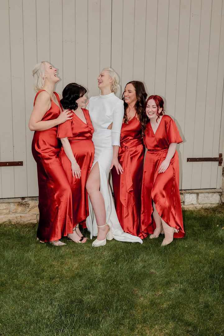 Burnt orange satin bridesmaids dresses including maternity bridesmaids dress