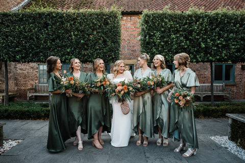 Olive green & sage green satin bridesmaids dresses