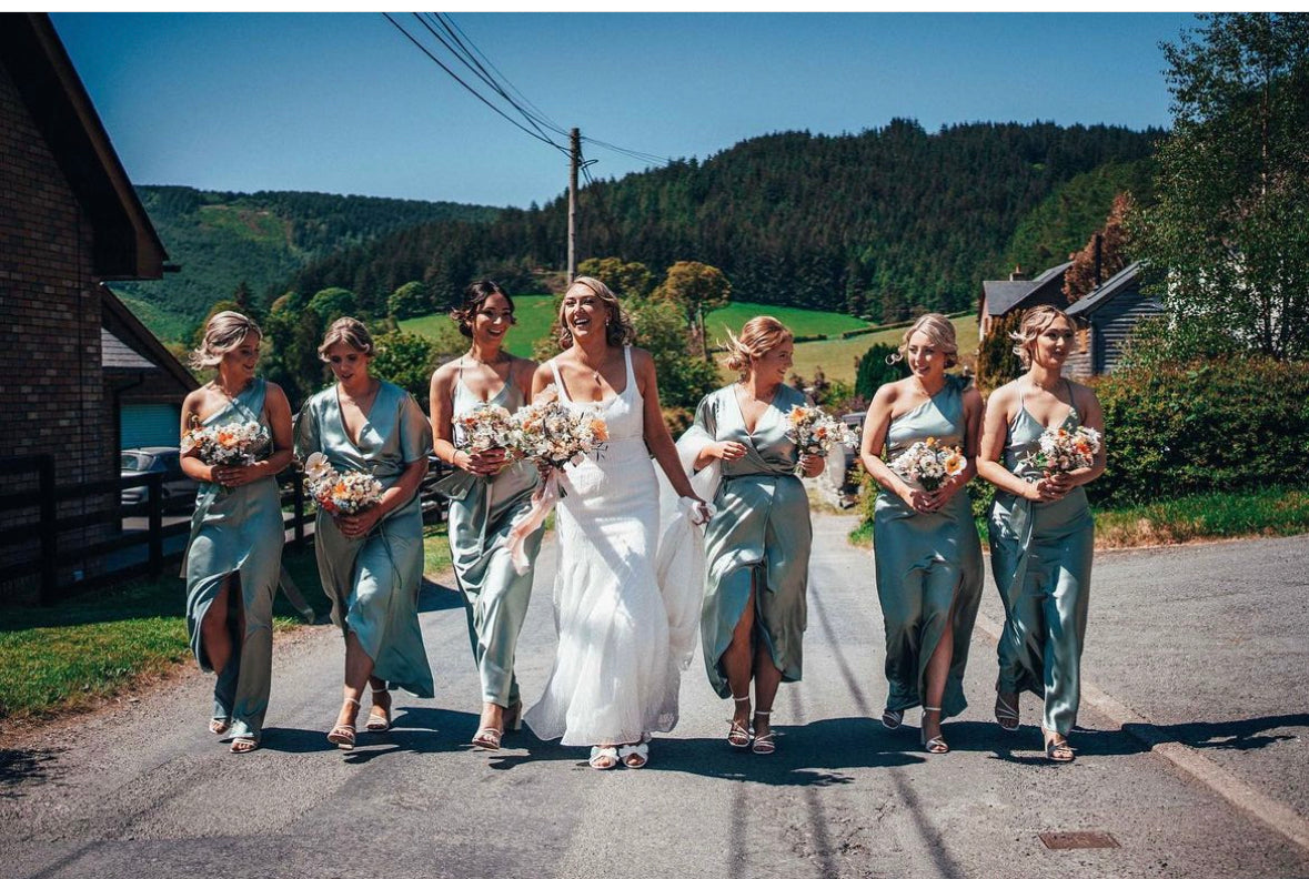 Sage green satin bridesmaids dresses