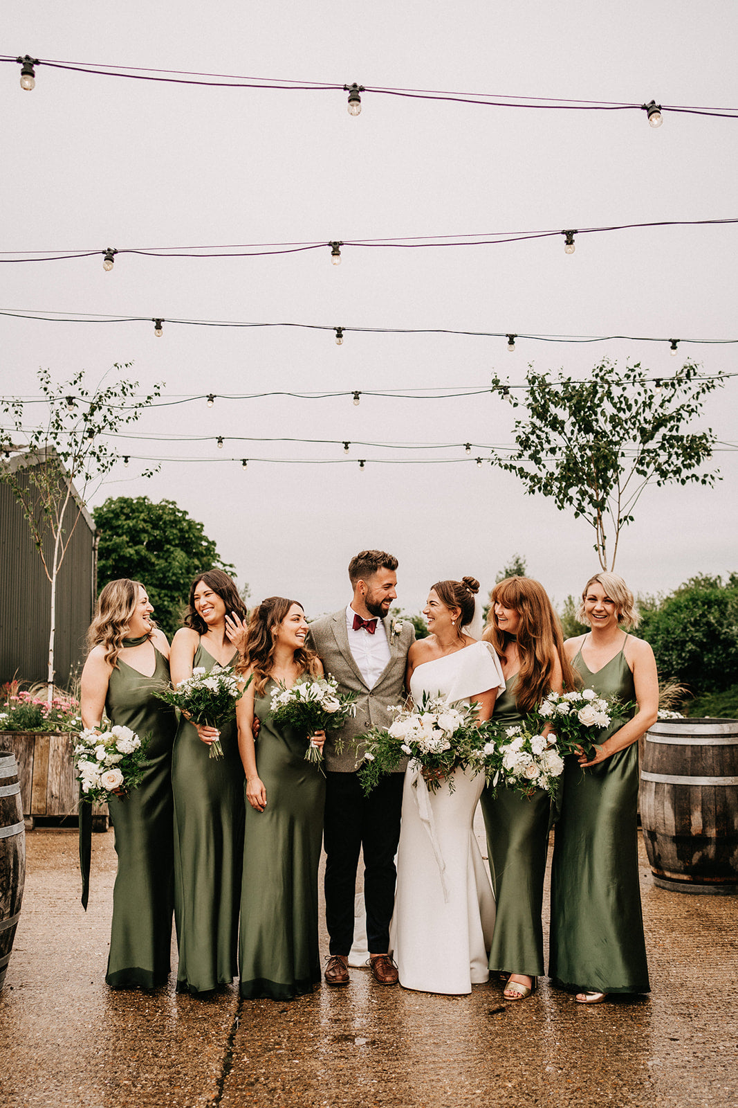 Olive green satin bridesmaids dresses