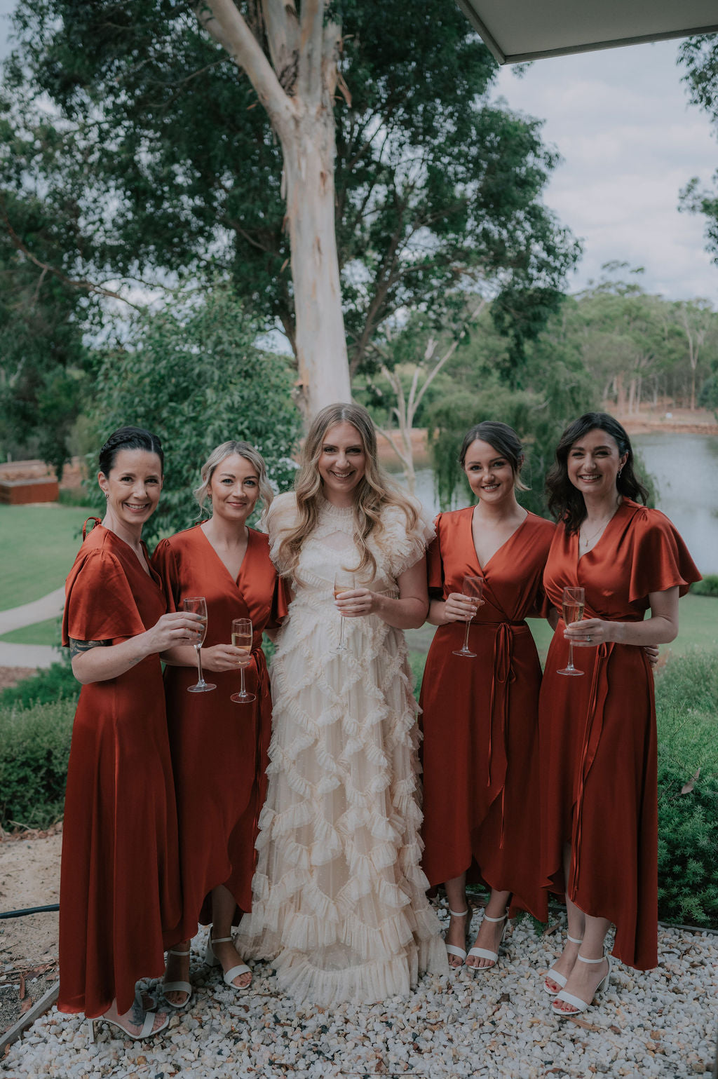 Burnt orange wrap satin bridesmaids dress