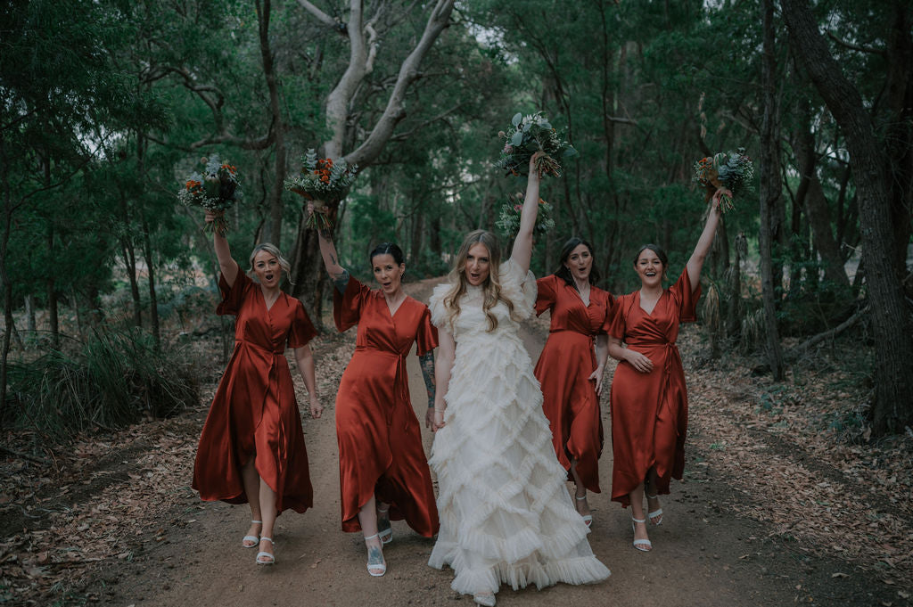 Burnt orange wrap satin bridesmaids dress
