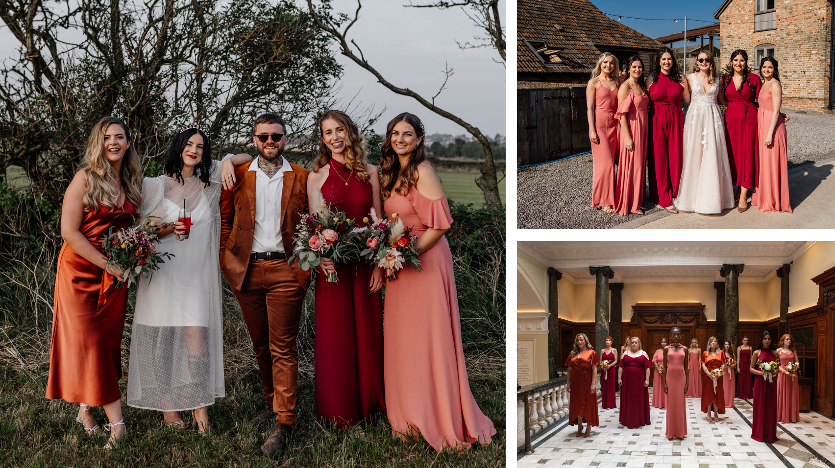 Bright orange, red & pink mismatched bridesmaids dresses