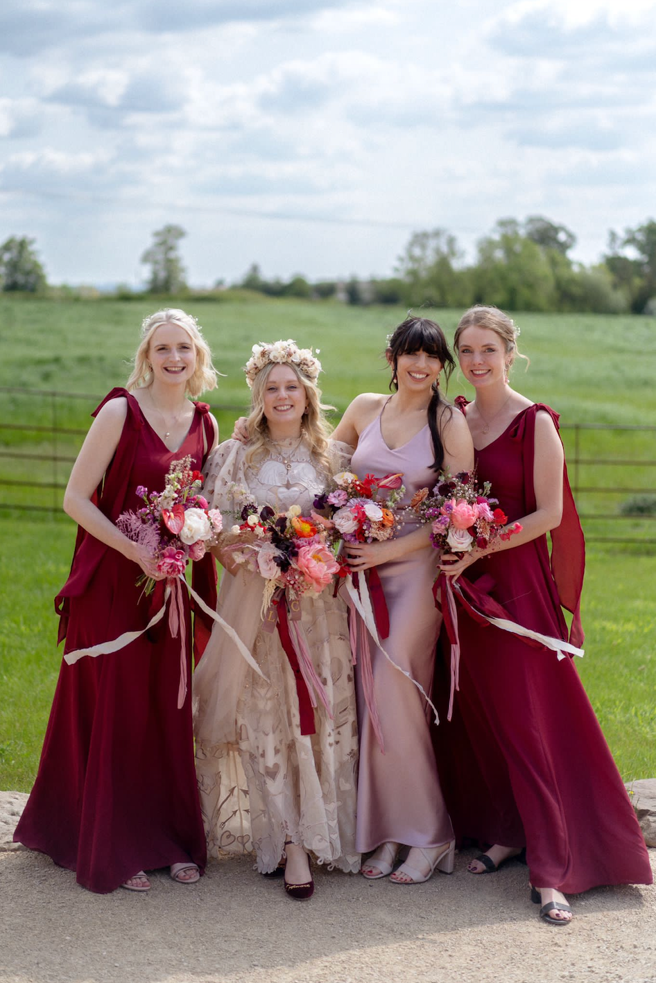 Pink and red bridesmaids dresses