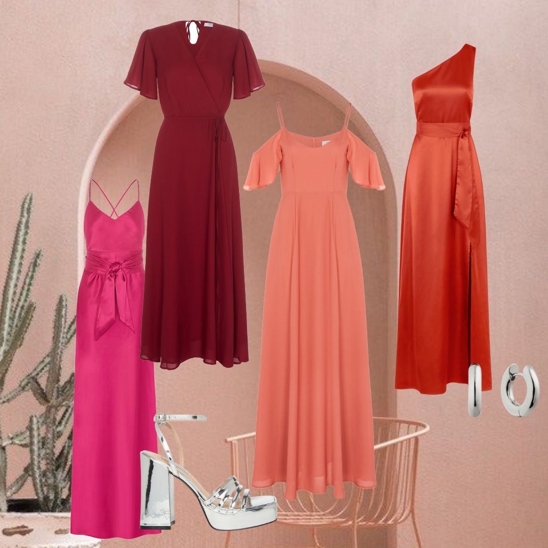 Mismatched pink red orange bridesmaids dresses