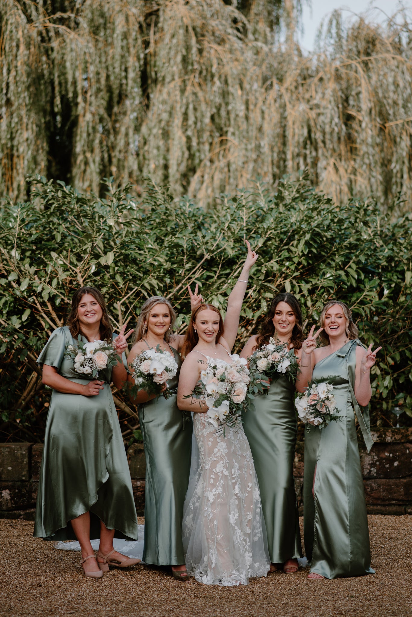 Sage green satin wrap and slip long length bridesmaids dresses