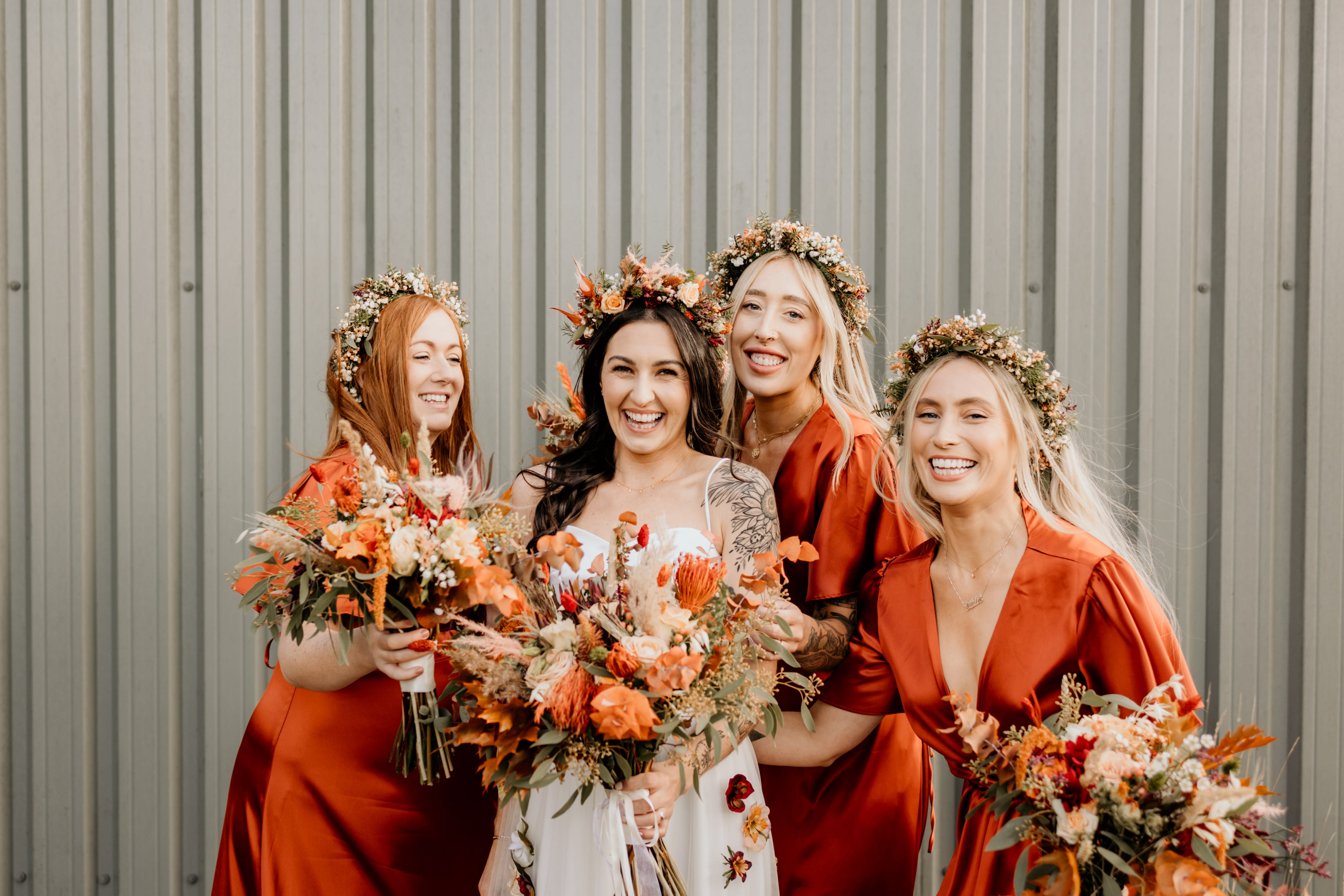 Burnt Orange satin wrap bridesmaids dresses