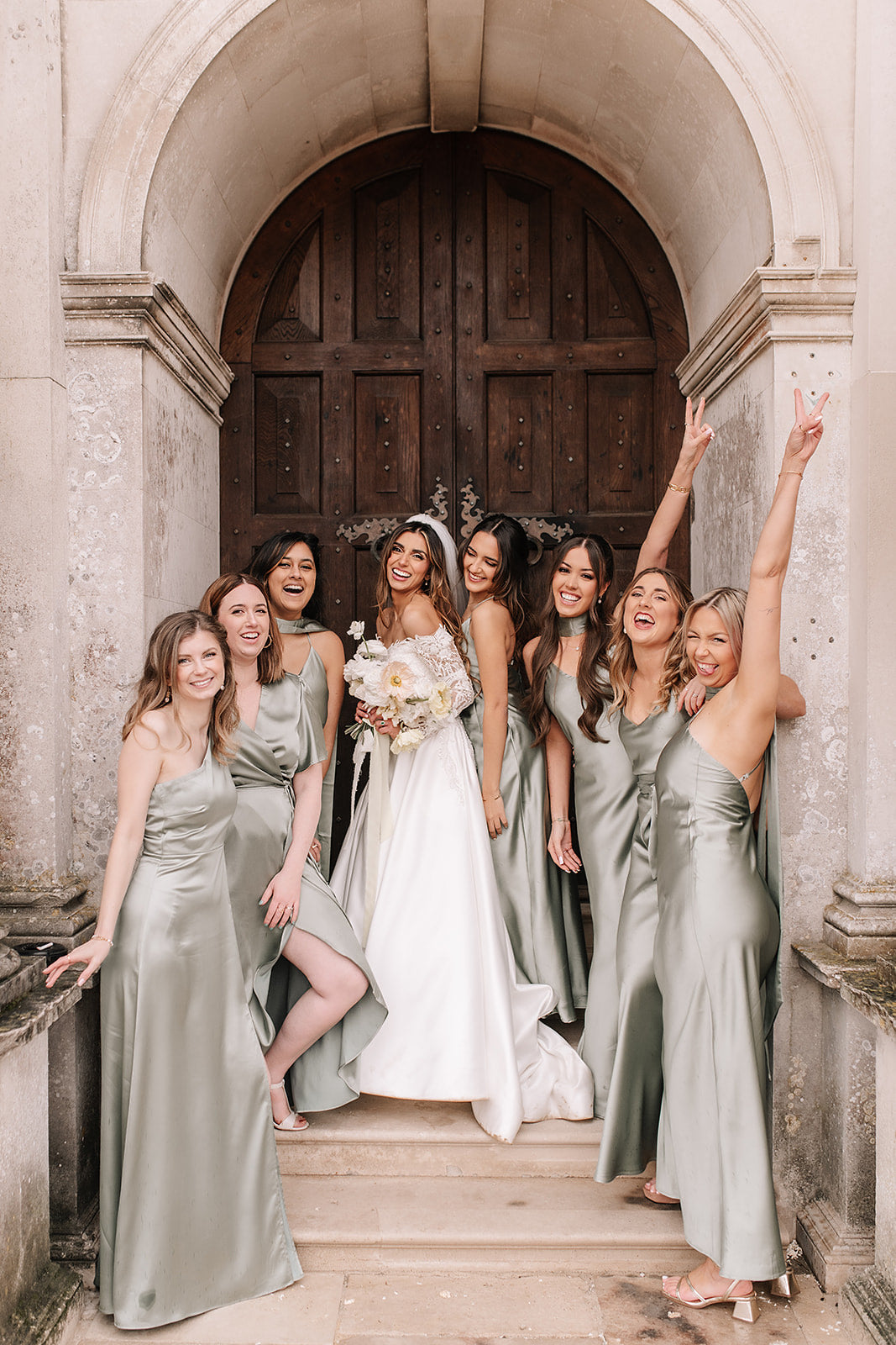 Sage green satin bridesmaids dresses
