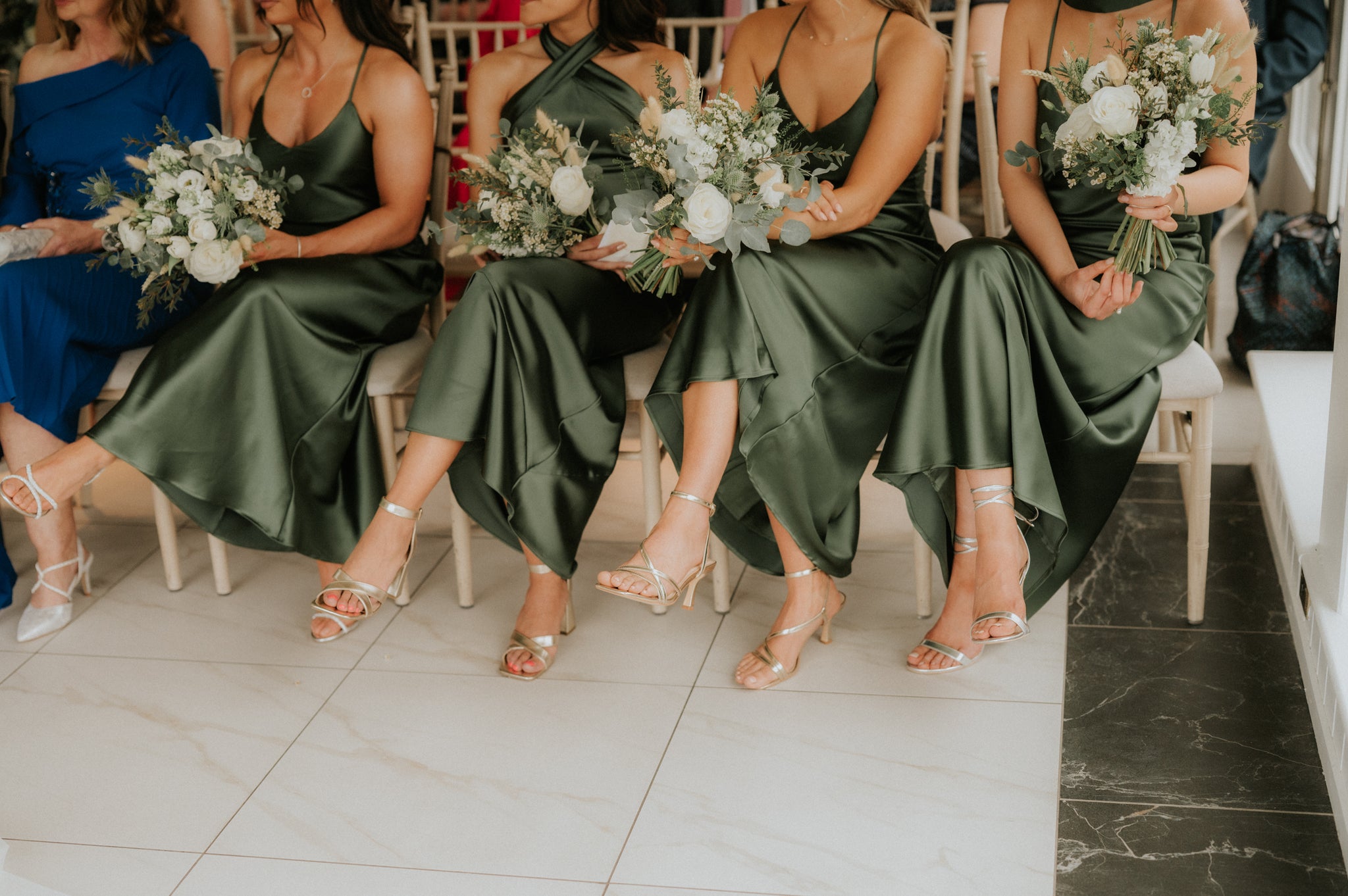 Olive green satin bridesmaids dresses