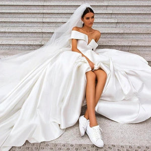 Ball Gown Off the Shoulder White Satin Wedding Dresses, Simple Cheap Wedding Gowns SJS15065