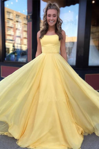 A Line Spaghetti Straps Daffodil Tulle Long Party Dresses, Lace up Formal SJS15611