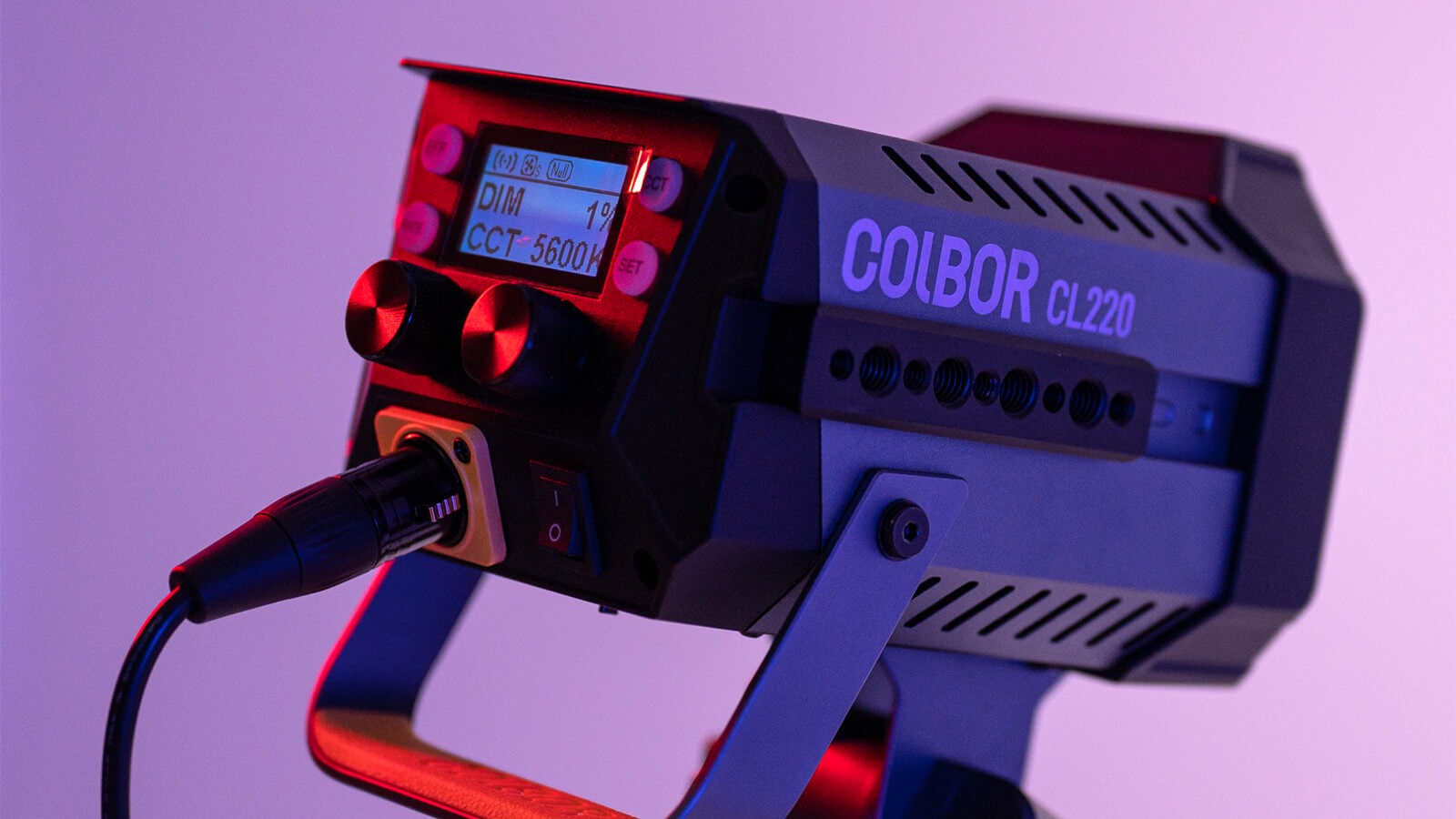 COLBOR CL220 photo studio LED lights have buttons, control wheels, and a display screen at the back of the body.