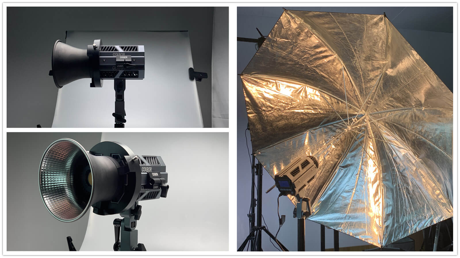 COLBOR UMBR is mounted on the CL100X, allowing the CL100X to be used with an umbrella modifier.