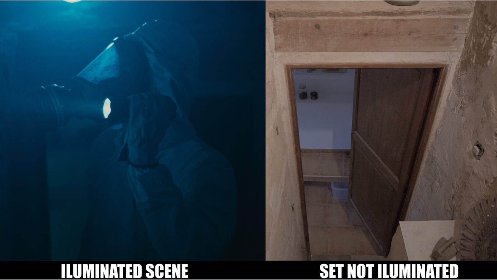 horror scene before and after setting up horror film lighting