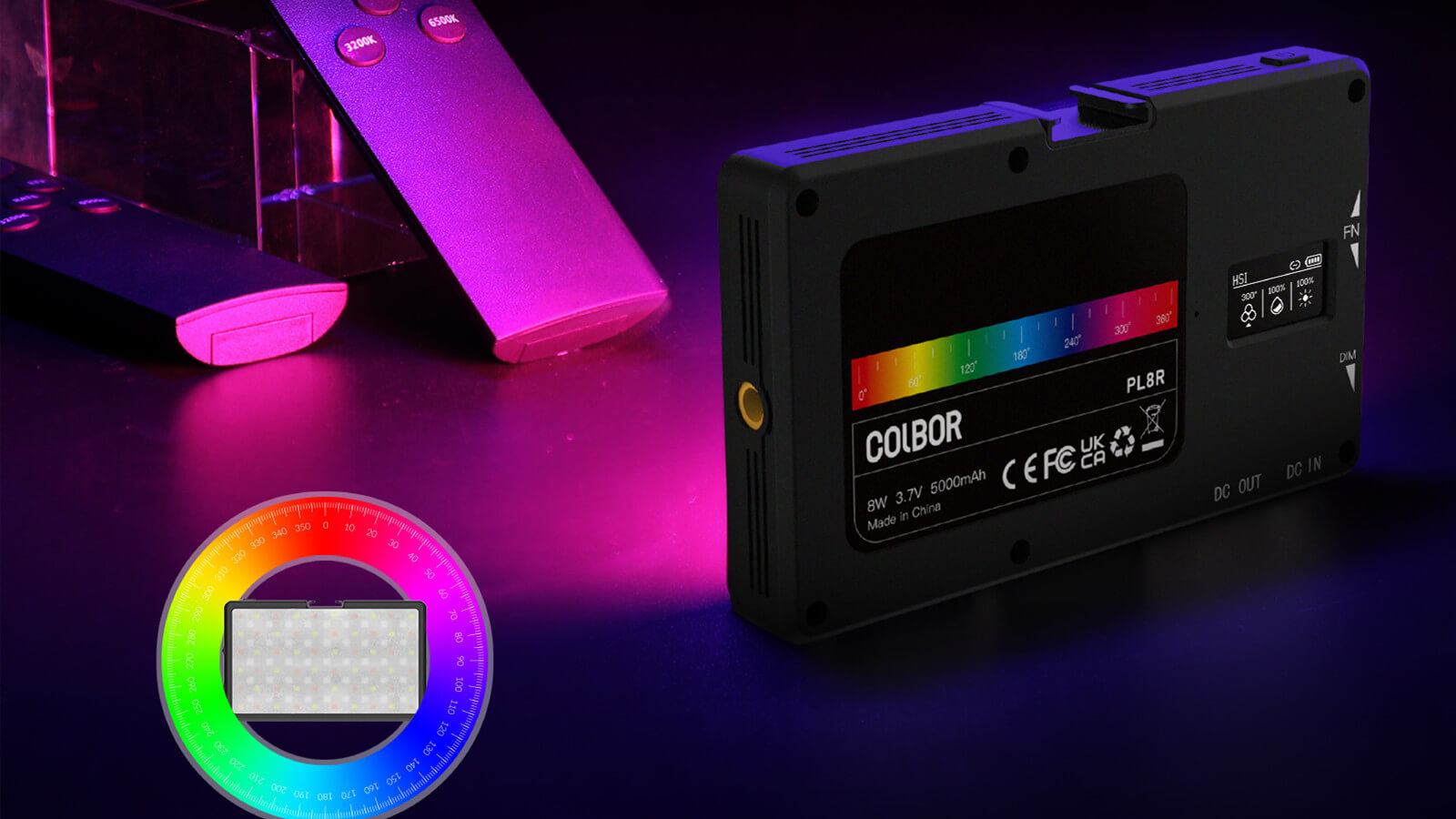 COLBOR PL8R RGB video light panel can produce purple lighting.