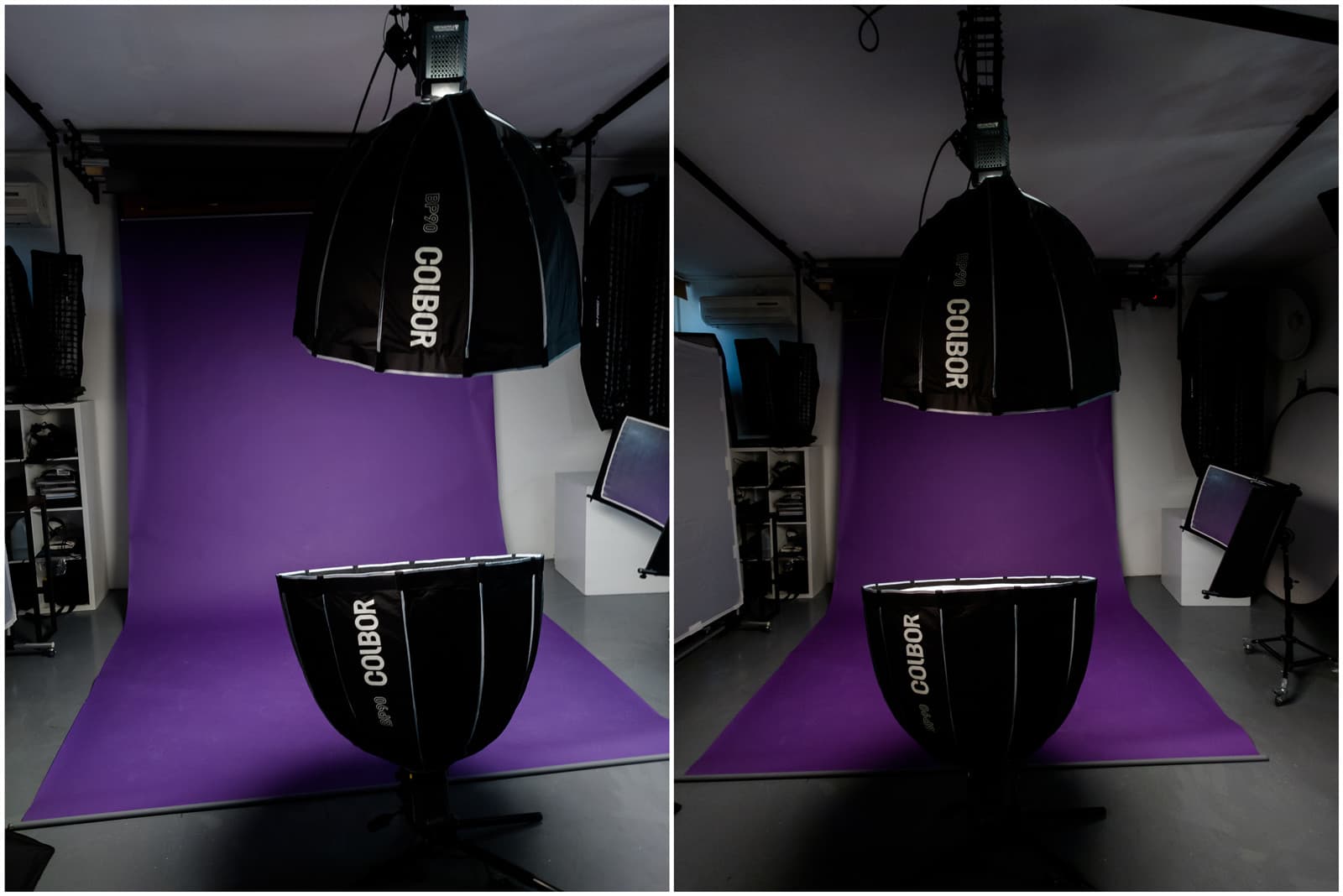 Studio photoshoot lighting setup using two COLBOR CL220 LED constant lights