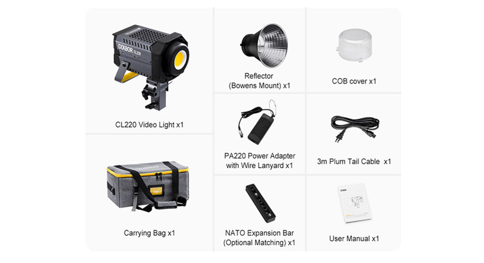 Package list of COLBOR CL220 studio light for newborn photography