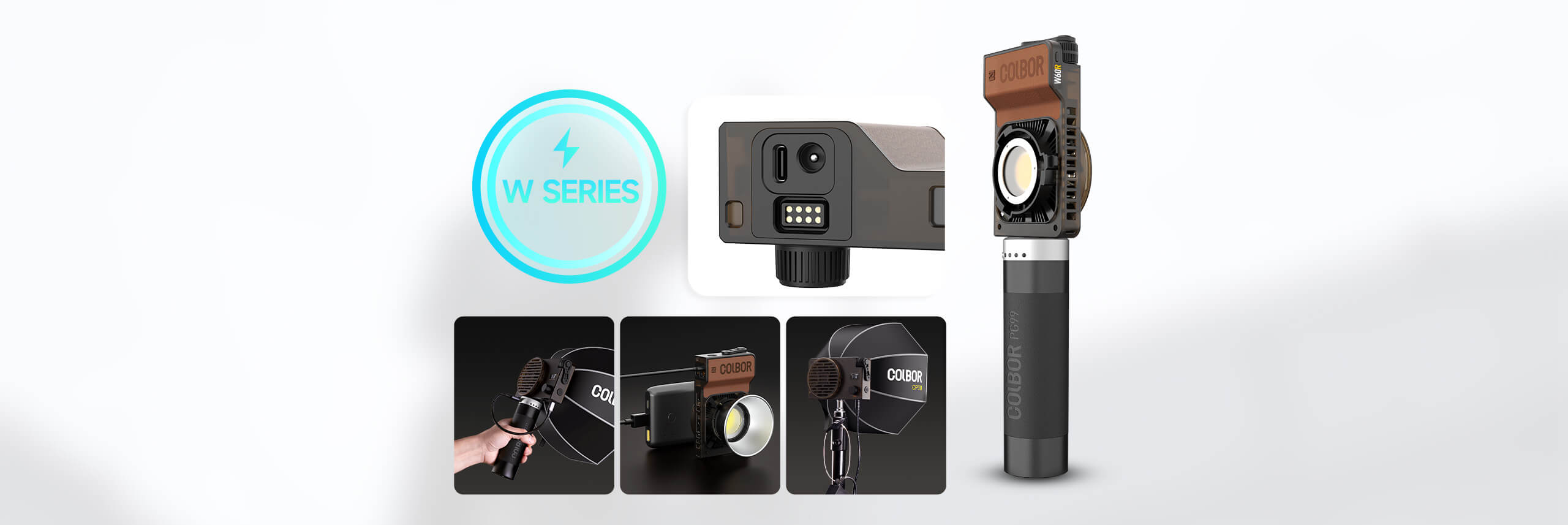 COLBOR W60 and W60R small LED lights for video can be powered by DC power, COLBOR battery grip, and power bank.