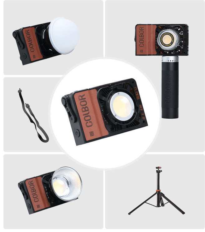 COLBOR W60 lineup comes with accessories ecosystem, including reflector, softbox ball, shoulder strap, tripod, etc.