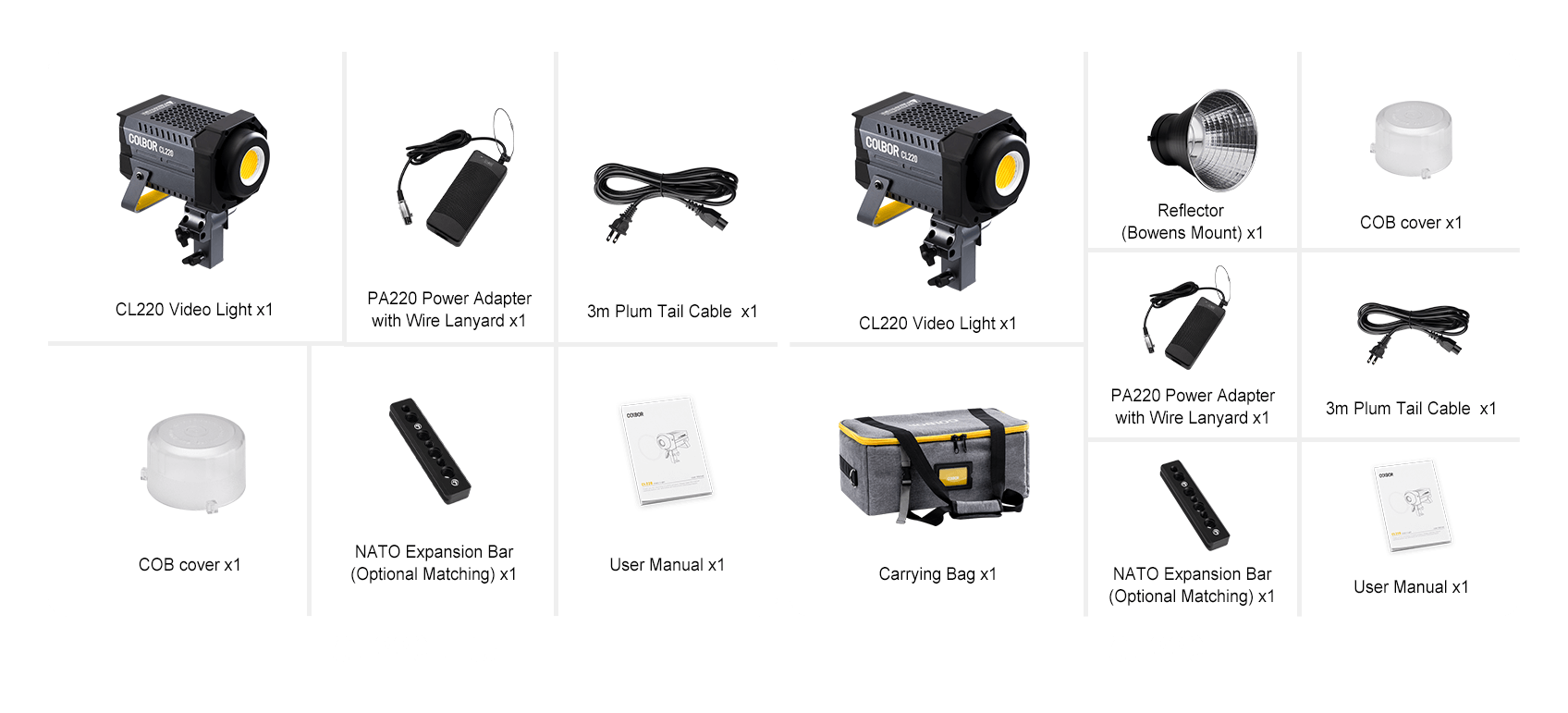 COLBOR CL220 has 2 versions - one has carrying bag and reflector and the other not. 
