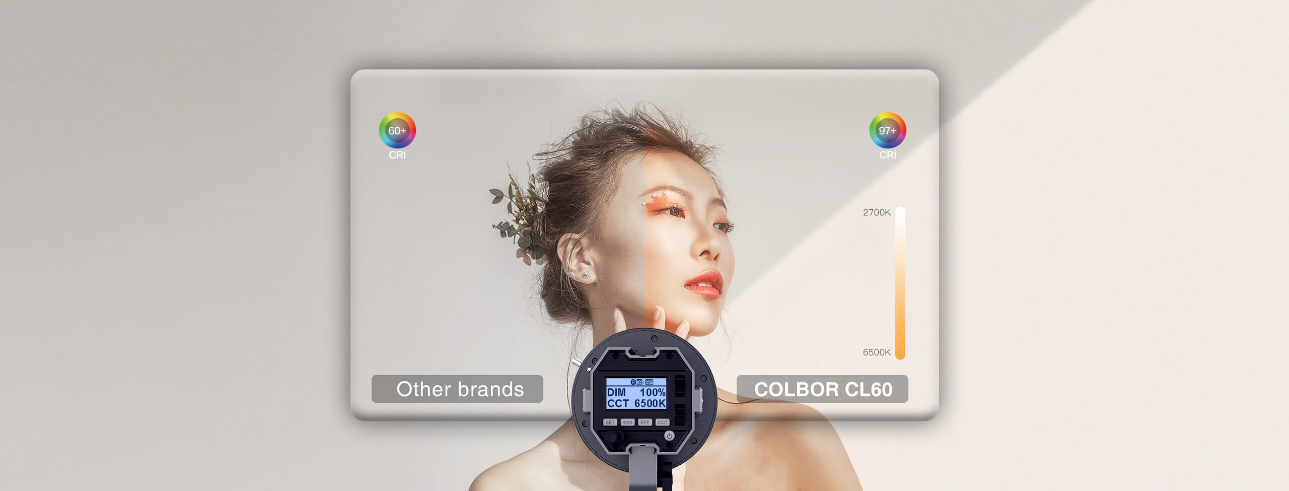 COLBOR CL60 menawarkan pencahayaan studio untuk video produk pada 97+ CRI dan suhu warna 2700-6500K.