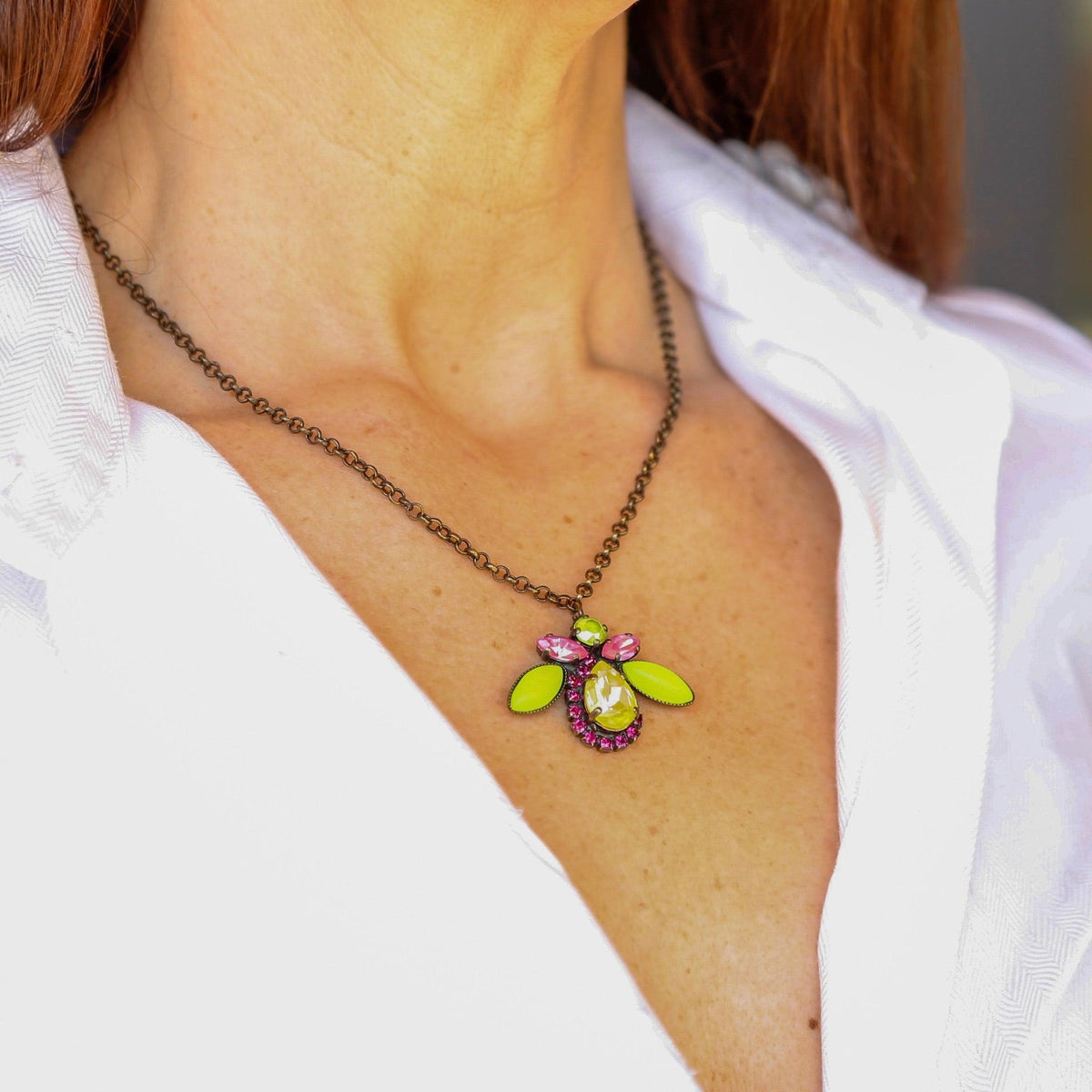 lime and pink glass beetle pendant necklace vita isola