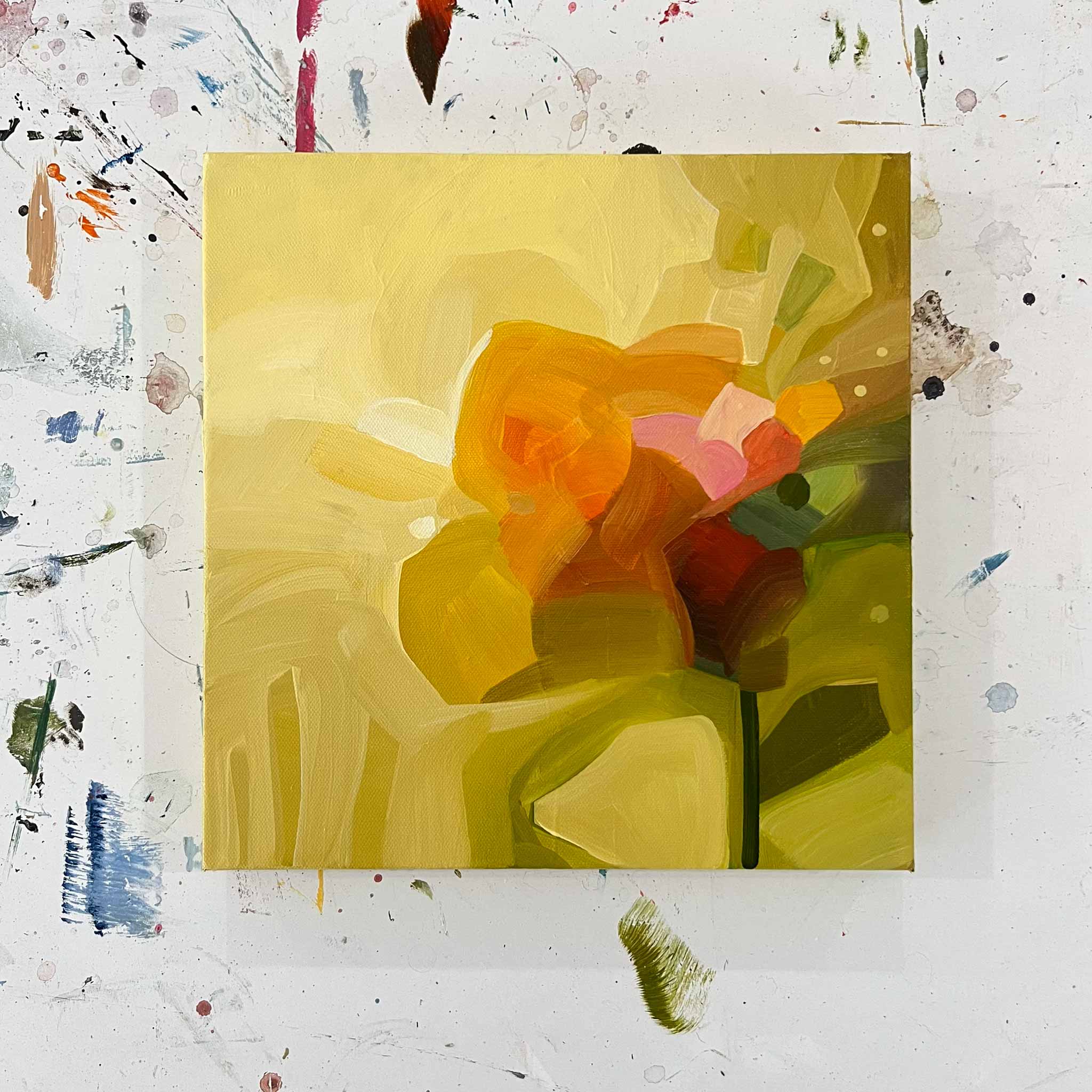 12x12 yellow abstract floral painting by Canadian abstract artist Susannah Bleasby