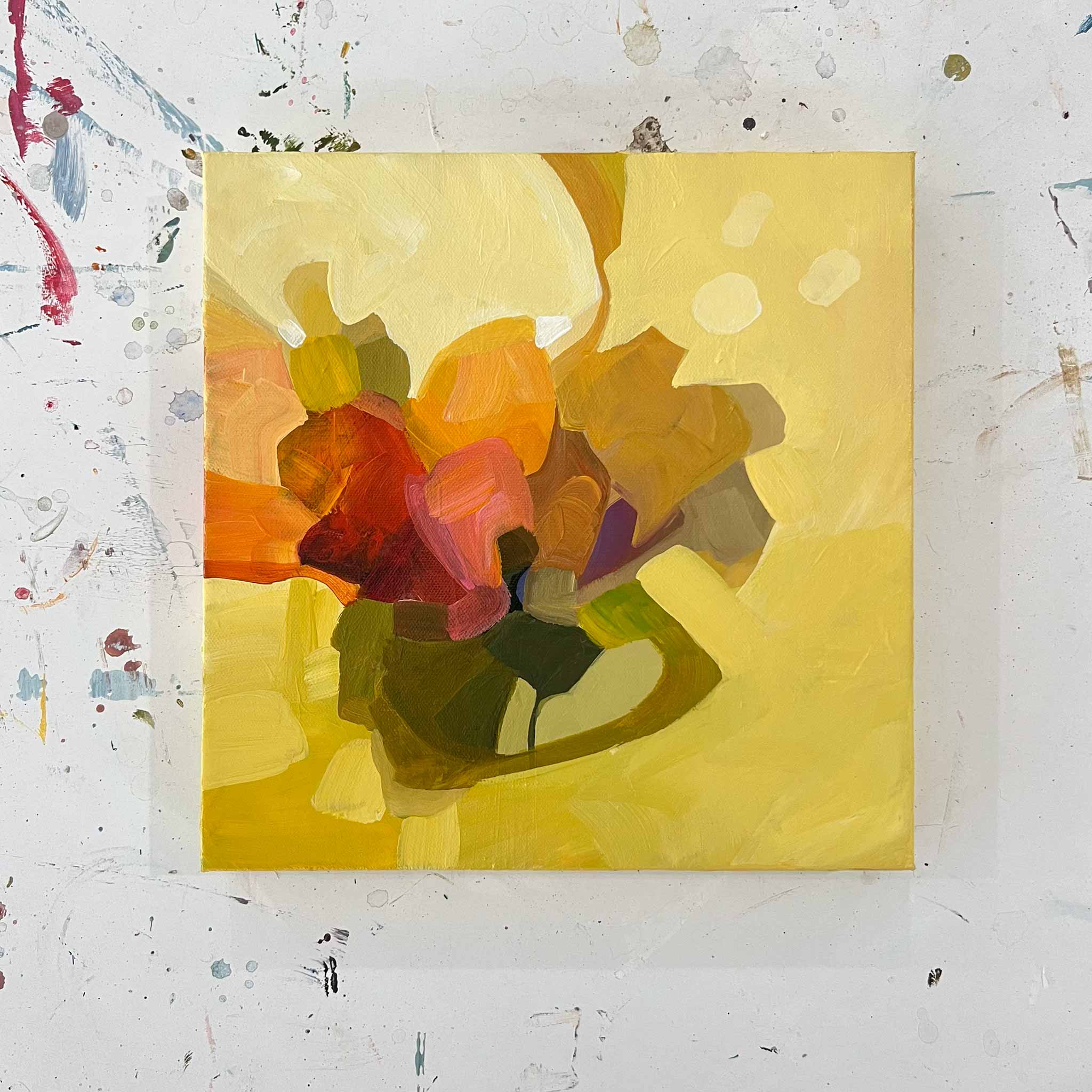12x12 yellow abstract flower painting by Canadian abstract artist Susannah Bleasby