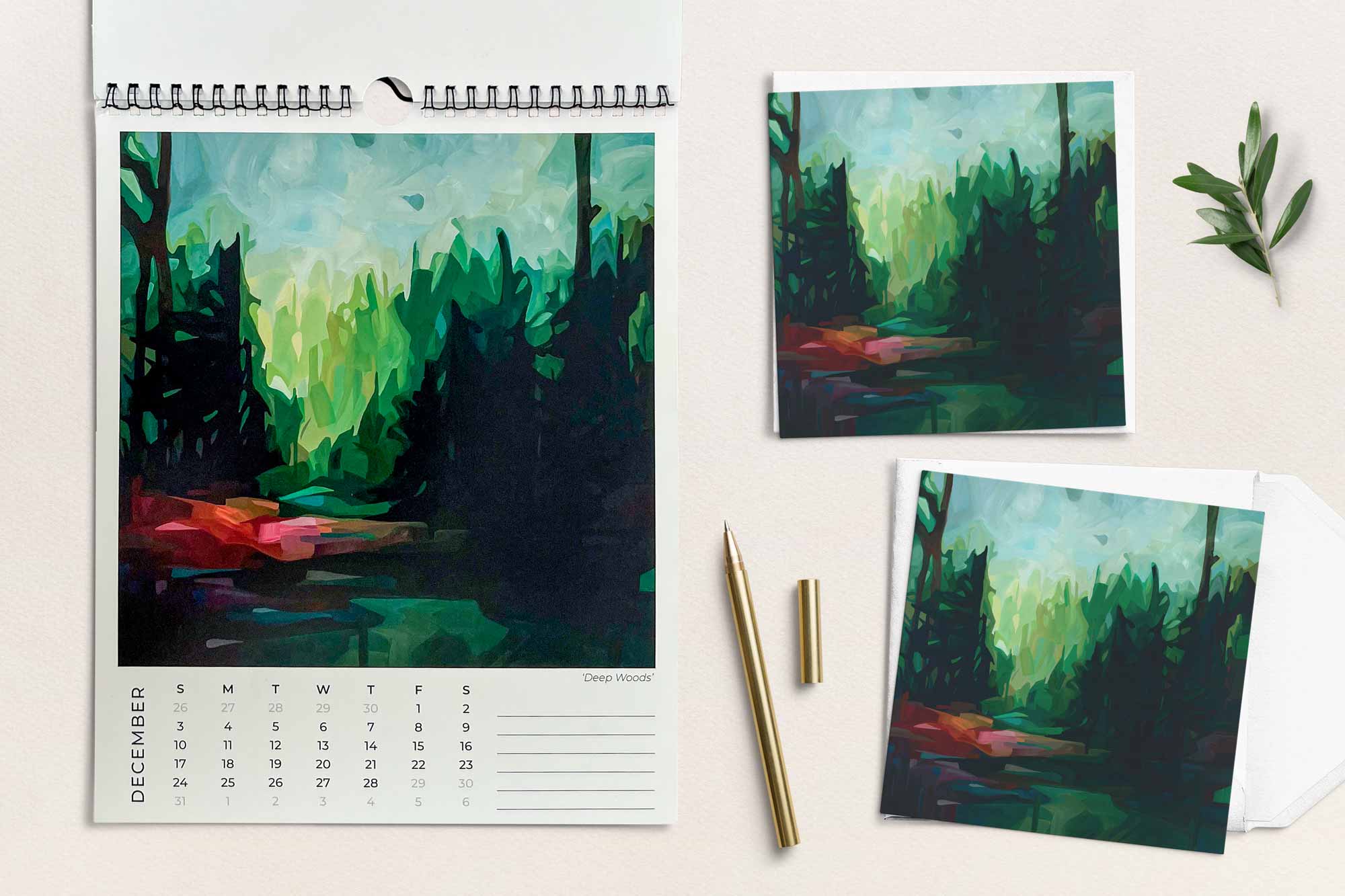 2023 wall callendar and everyday greeting cards with emerald green abstract forest painting