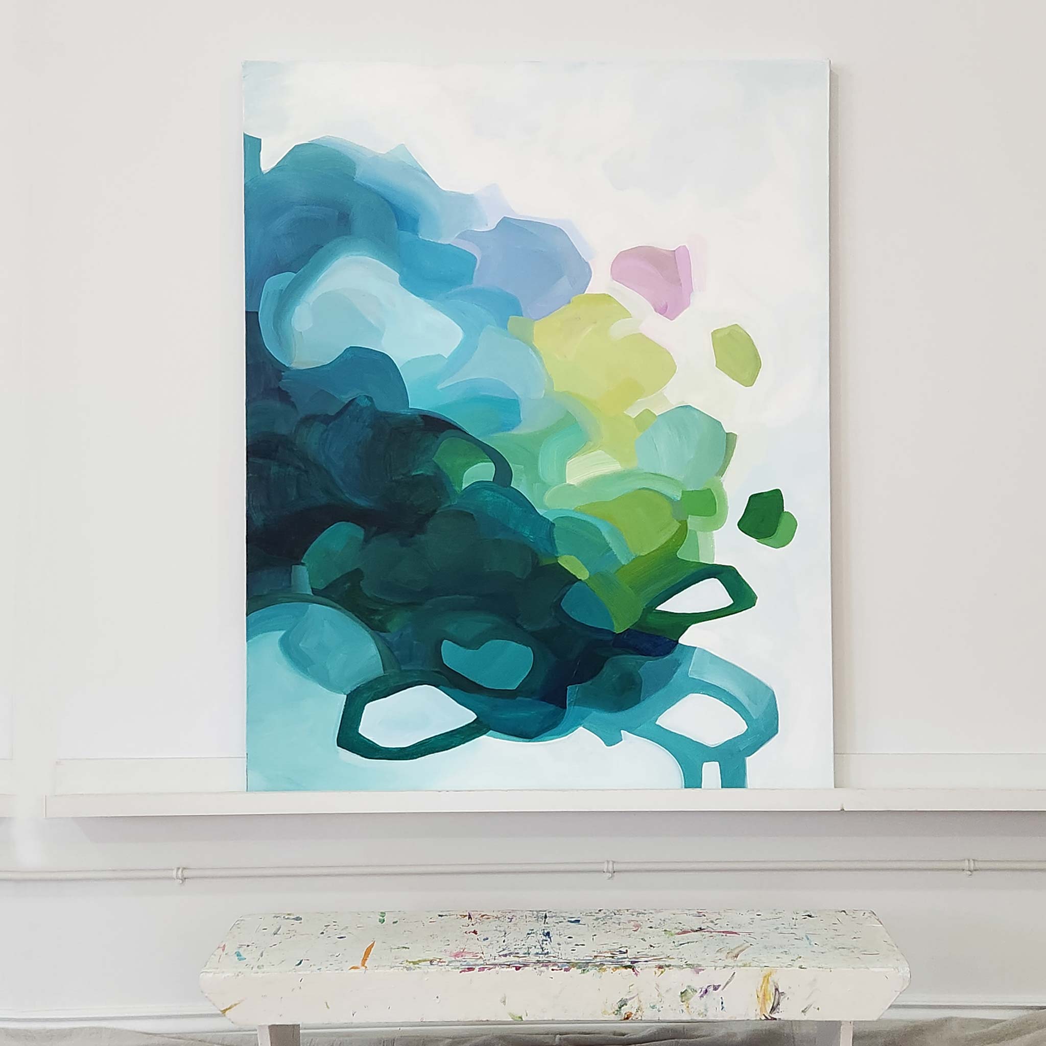 oversized vertical blue green abstract painting by Canadian artist Susannah Bleasby