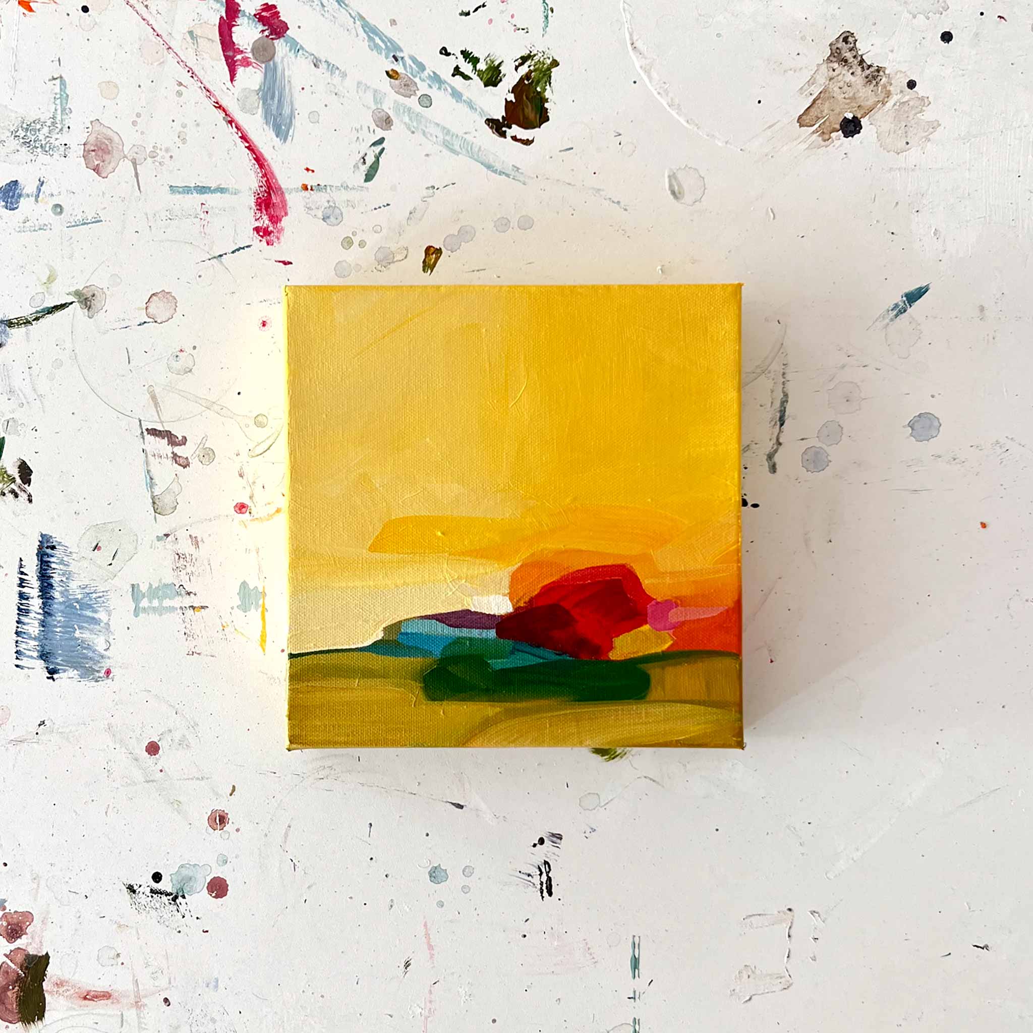 8x8 yellow abstract sunrise painting by Canadian abstract artist Susannah Bleasby