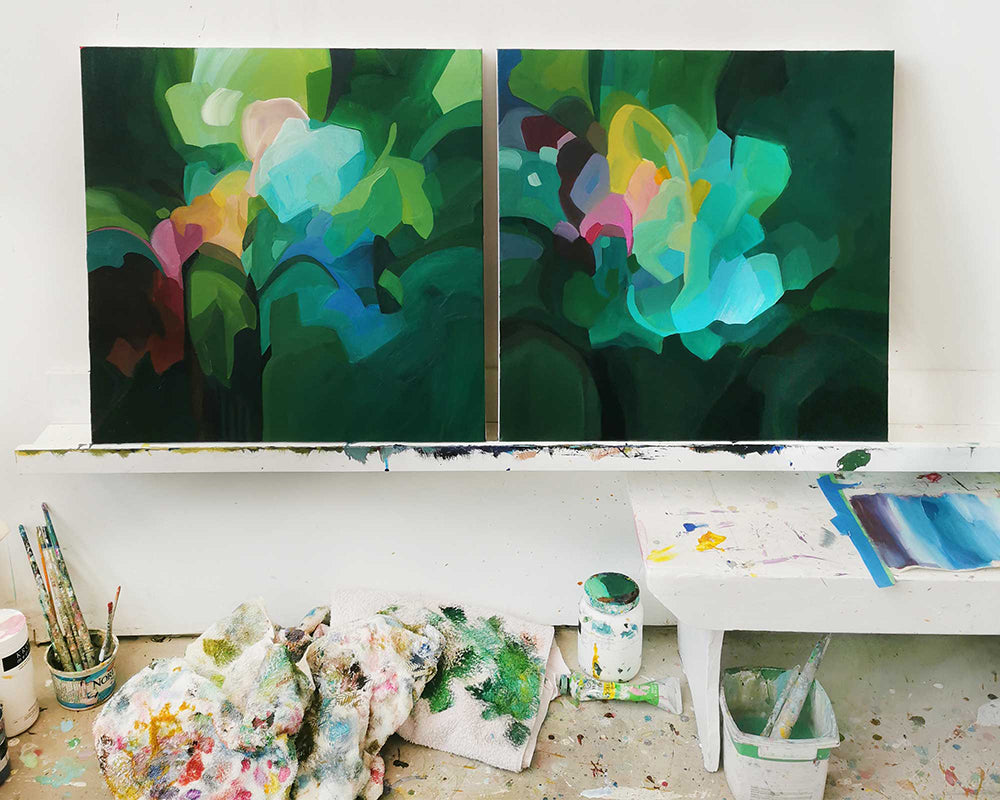 two large emerald green abstract paintings by Canadian artist Susannah Bleasby