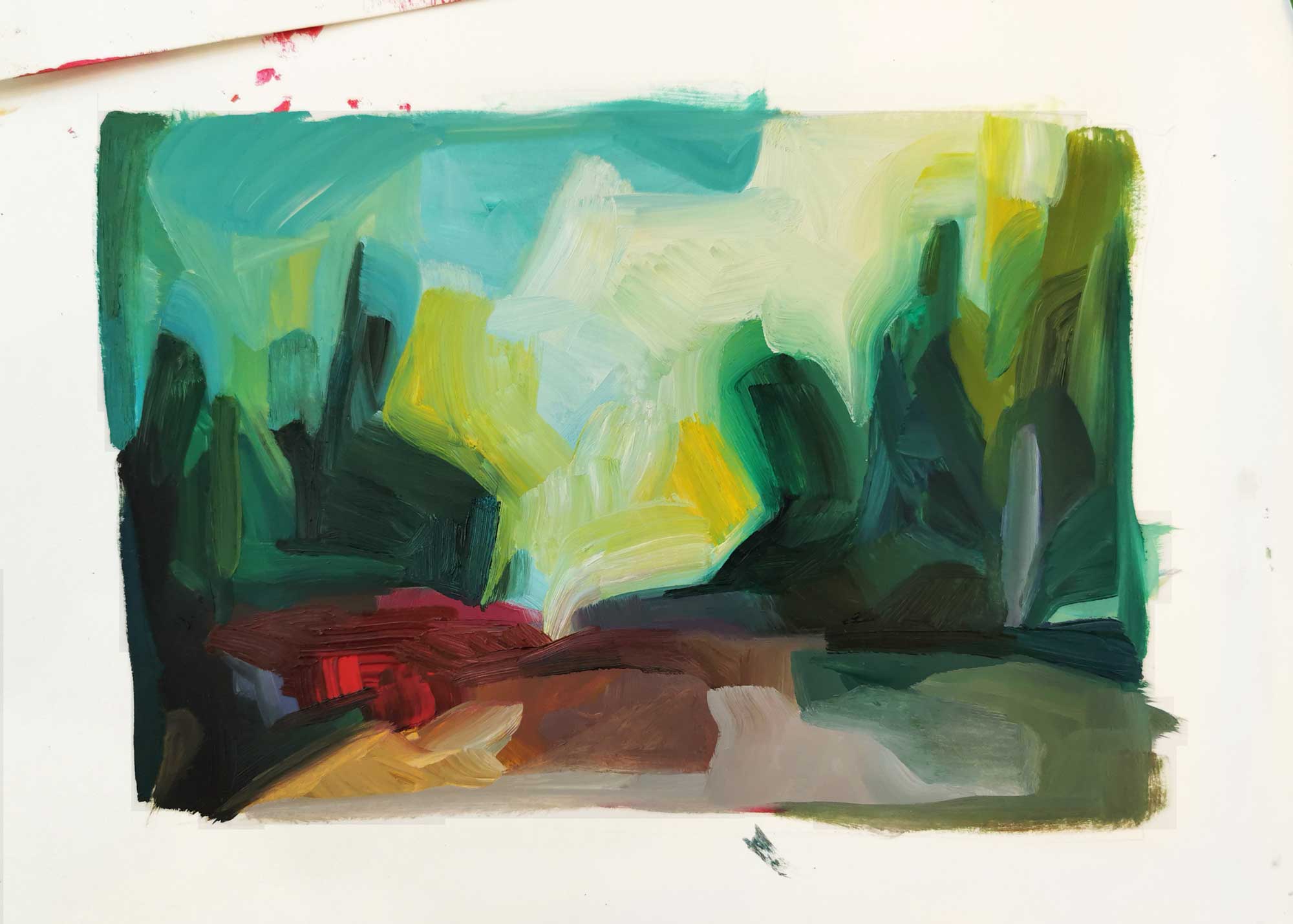 emerald green abstract forest painting early sketch in oil paint