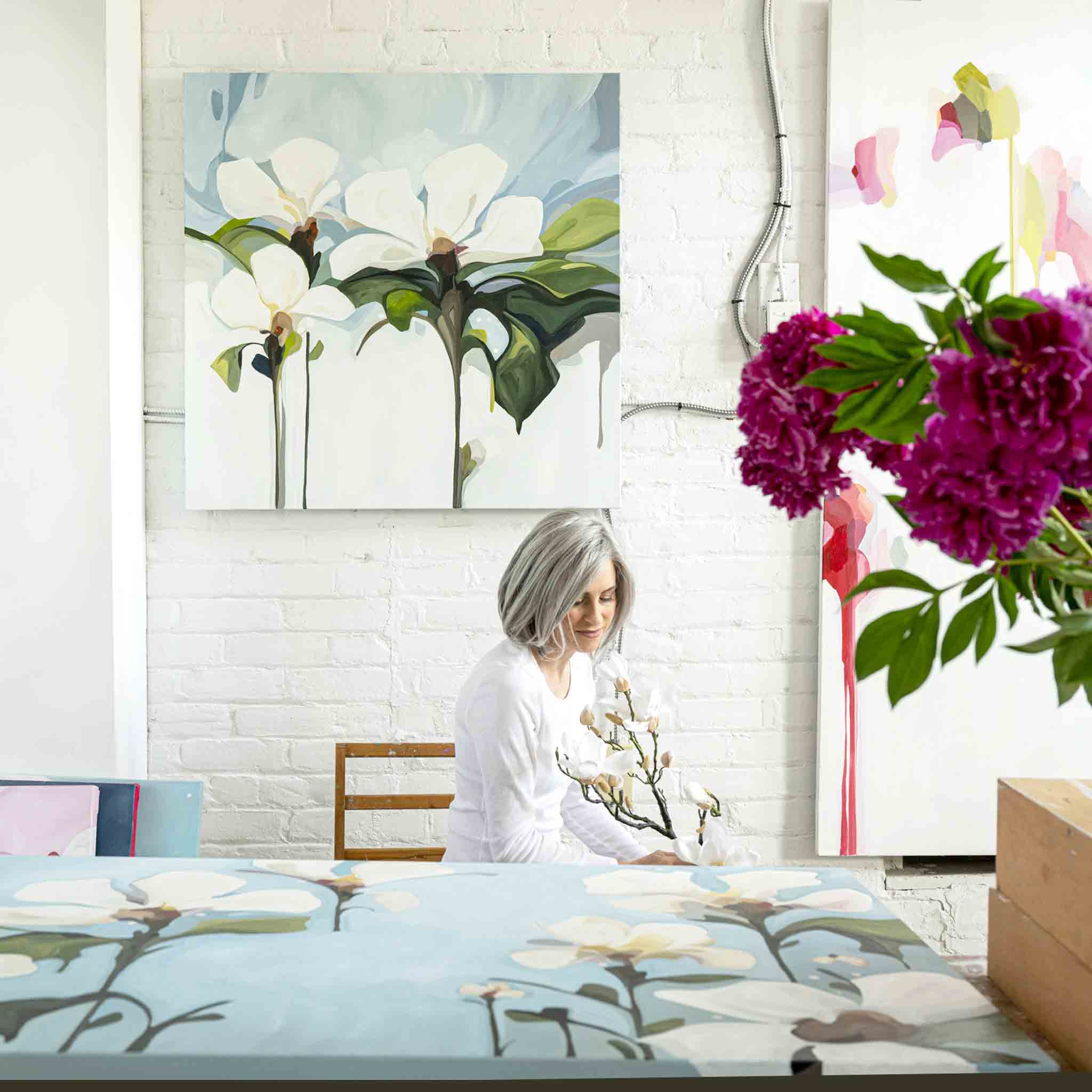 acrylic flower painting white blossoms in studio